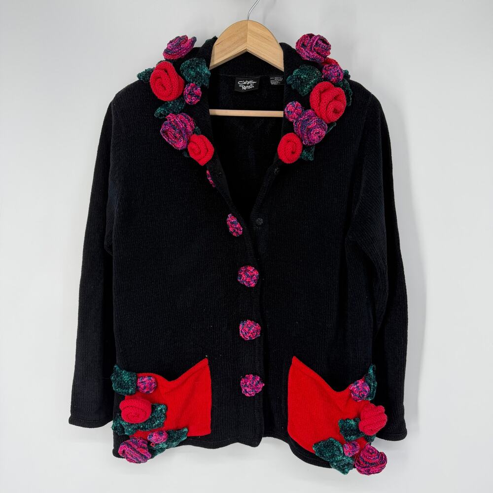 Christina Rotelli Vintage 90's Cardigan Floral Rosette Chunky Chenille Sweater - Picture 11 of 13